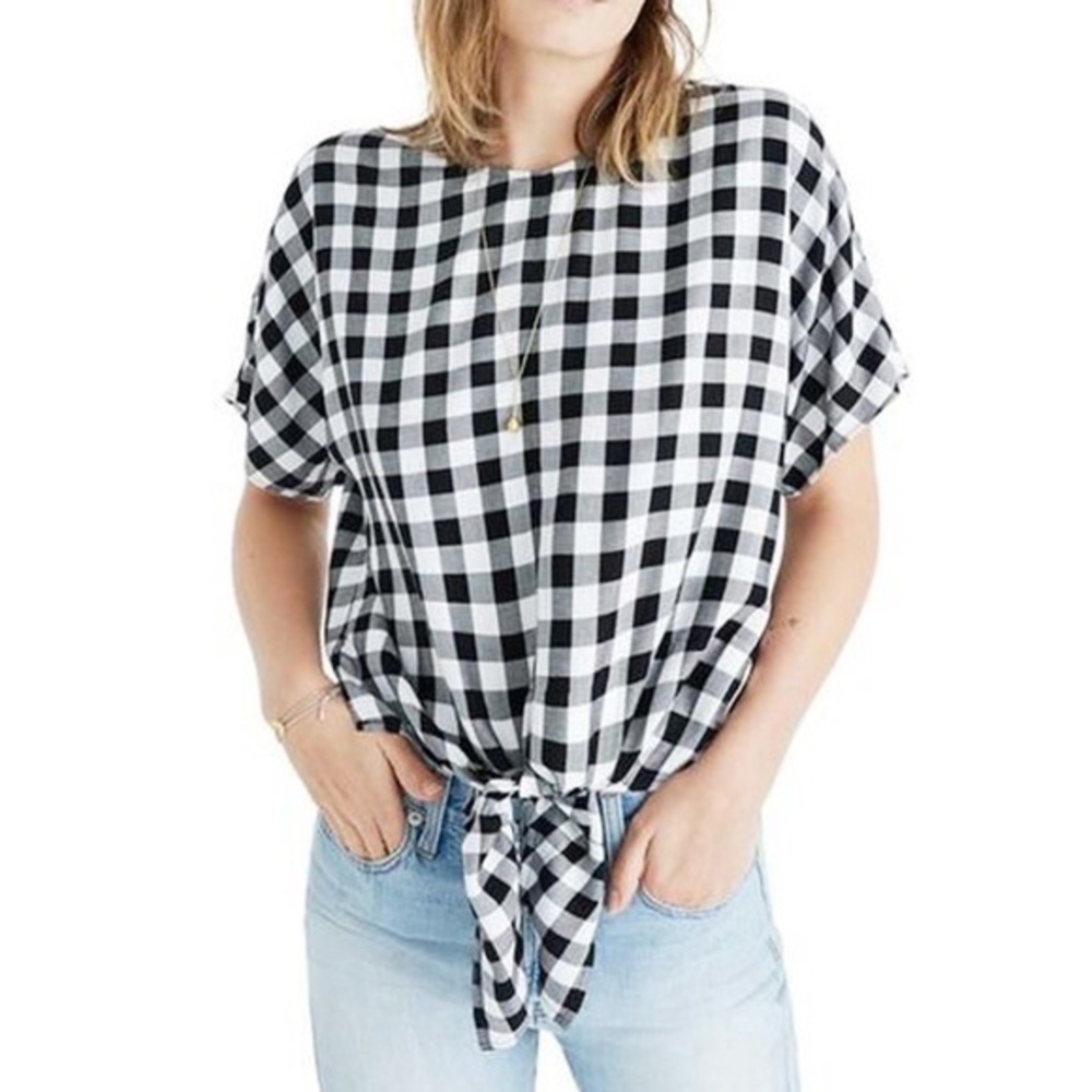 Madewell black gingham tie-front top
